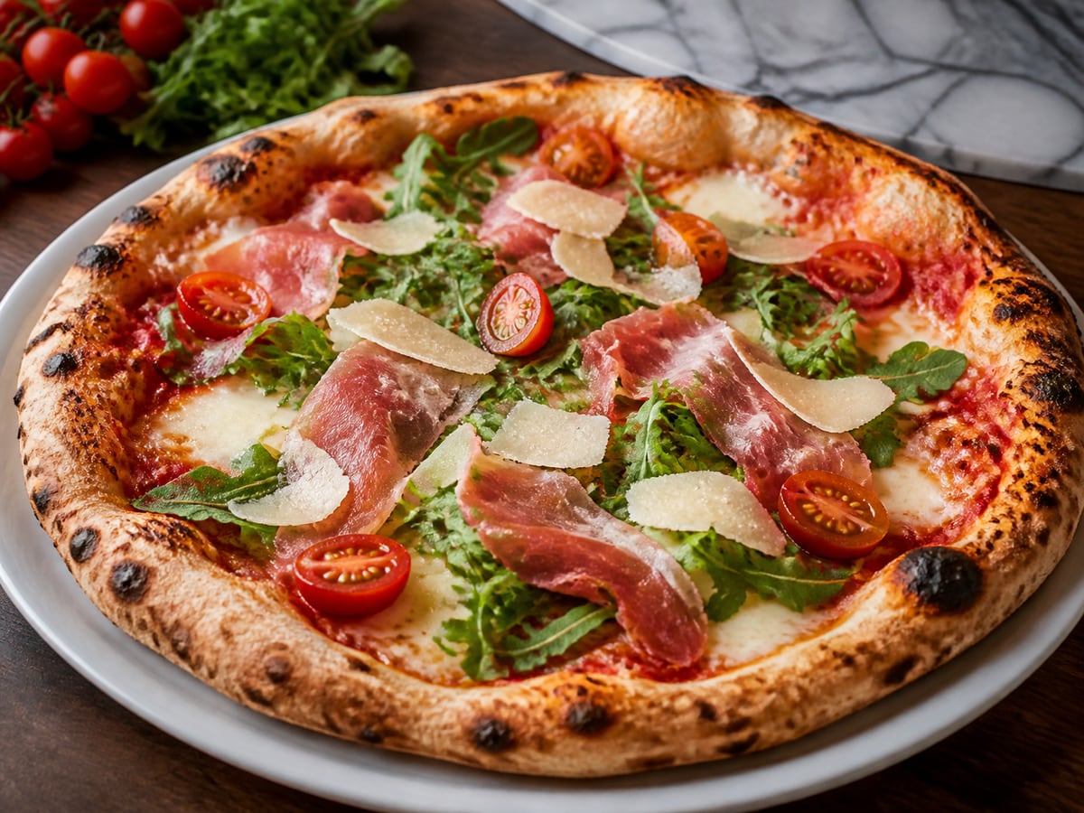 Pizza mit Rucola, Parmesan und Prosciutto