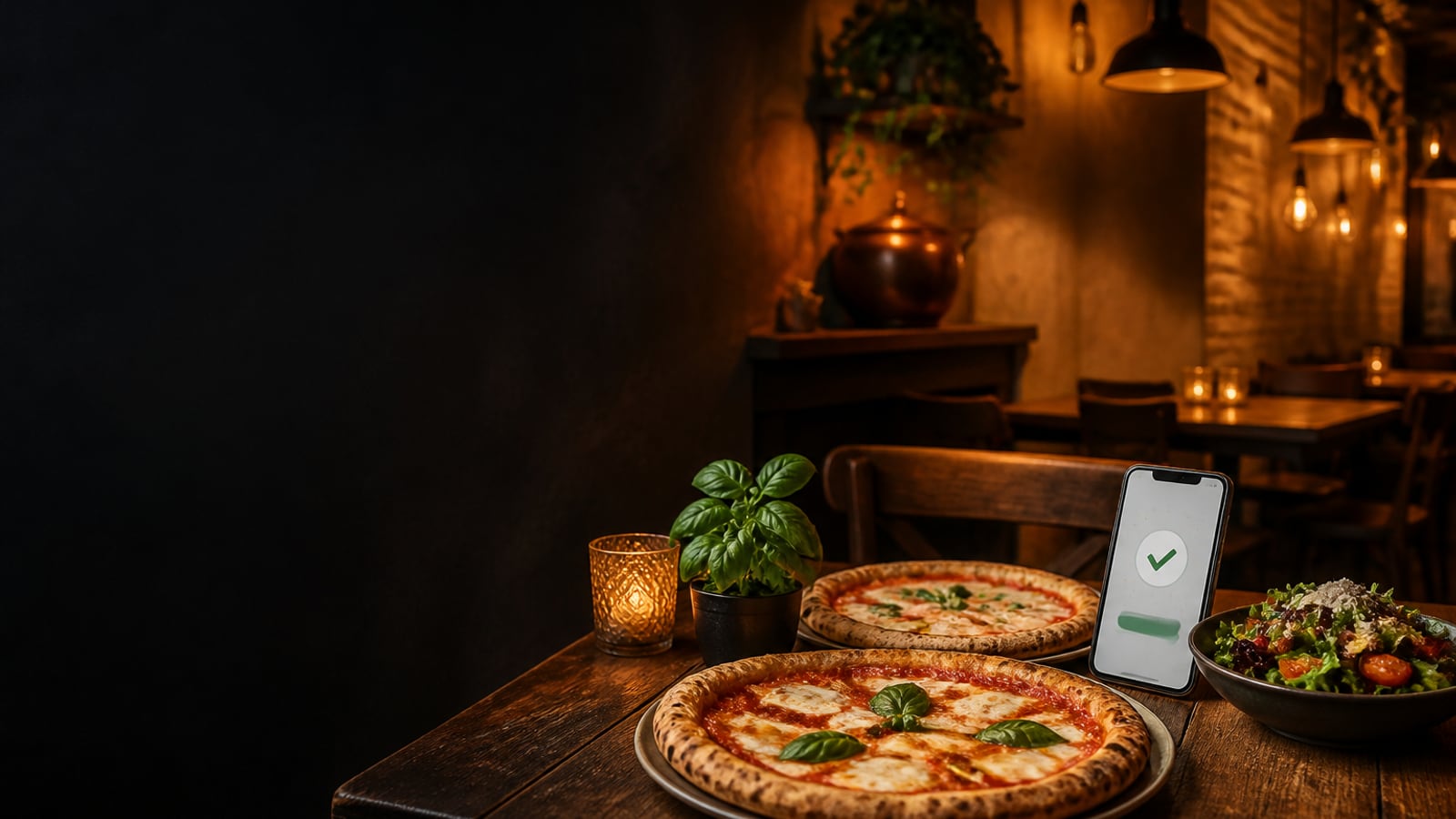 Restauranttisch mit Pizza, Salat und Bestellbestätigung
